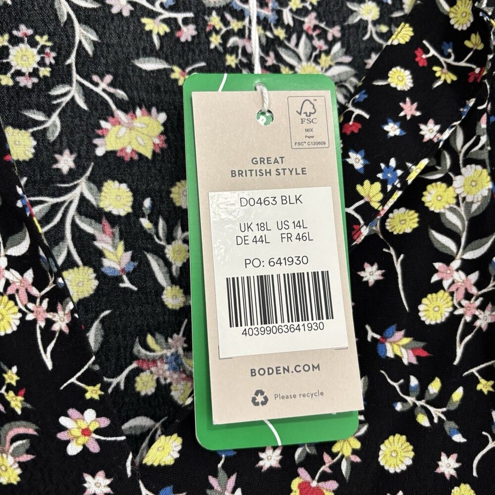 Boden Dress Womens Size 14 L Black Wildflower Paisley Floral Tie Neck Shirt NWT - Picture 6 of 9